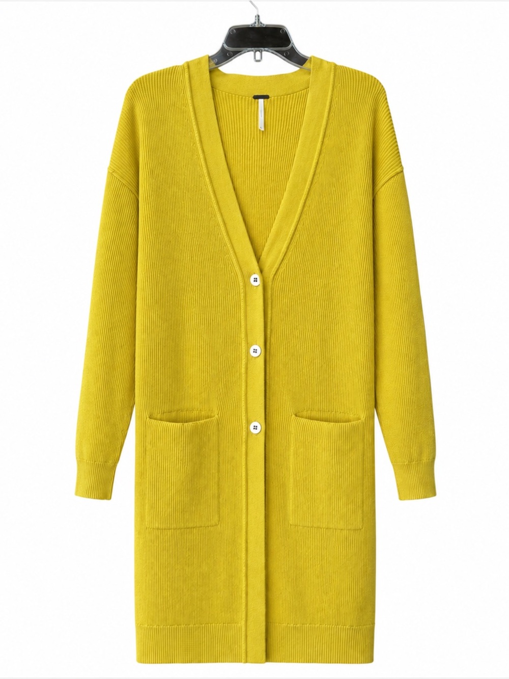 Free People Longline Duster Cardigan Ribbed Cotton Pockets Butter Mustard Yellow